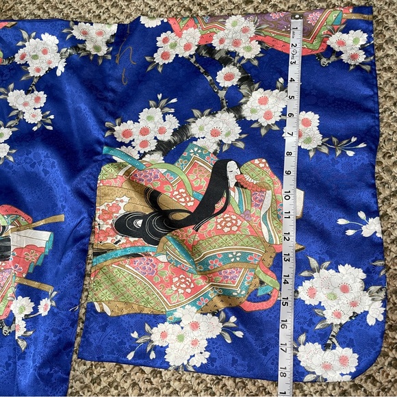 Vintage Juguemm Japanese Geisha & Cherry Blossoms Print Kimono Robe - Blue - Picture 11 of 13